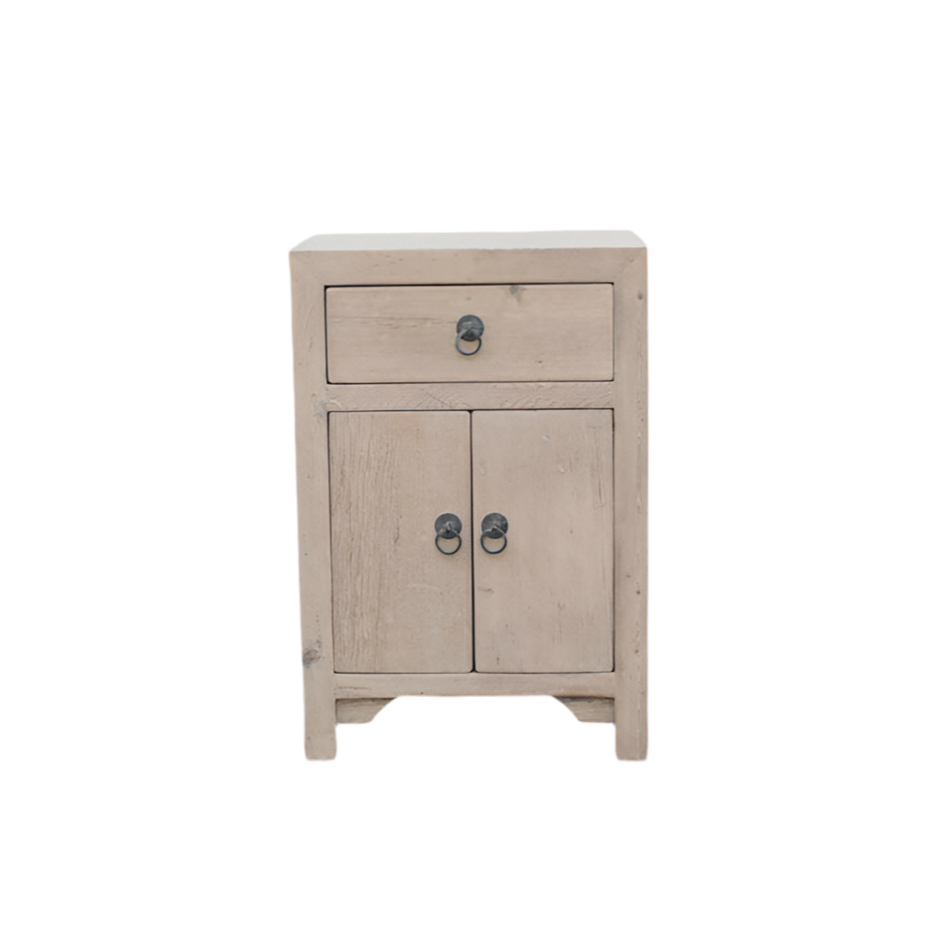 Mesita de noche de madera de olmo | 1 cajón, 2 puertas | An. 43 x Pr. 34 x Al. 63 cm